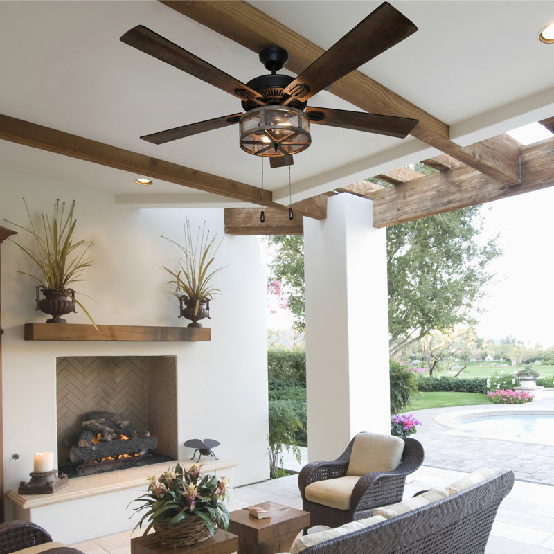 17 Stories 52" Abbigail Woodgrain Caged Farmhouse 5 Blade Ceiling Fan with Remote, Light Kit